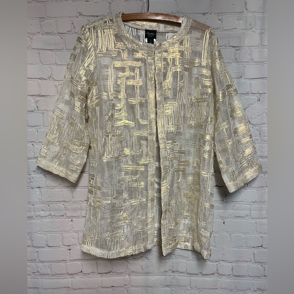 NEW Chico’s Travelers Hatchmark Cream Gold Sheer Jacket Size 1 8 10